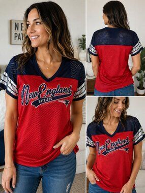 NFL Team Apparel New England Patriots Women's Mesh Jersey Shirt XL Red Blue